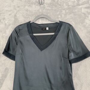 Saks Fifth Avenue Silk Blouse Womens Green V Neck Decorative Collar Sleeve